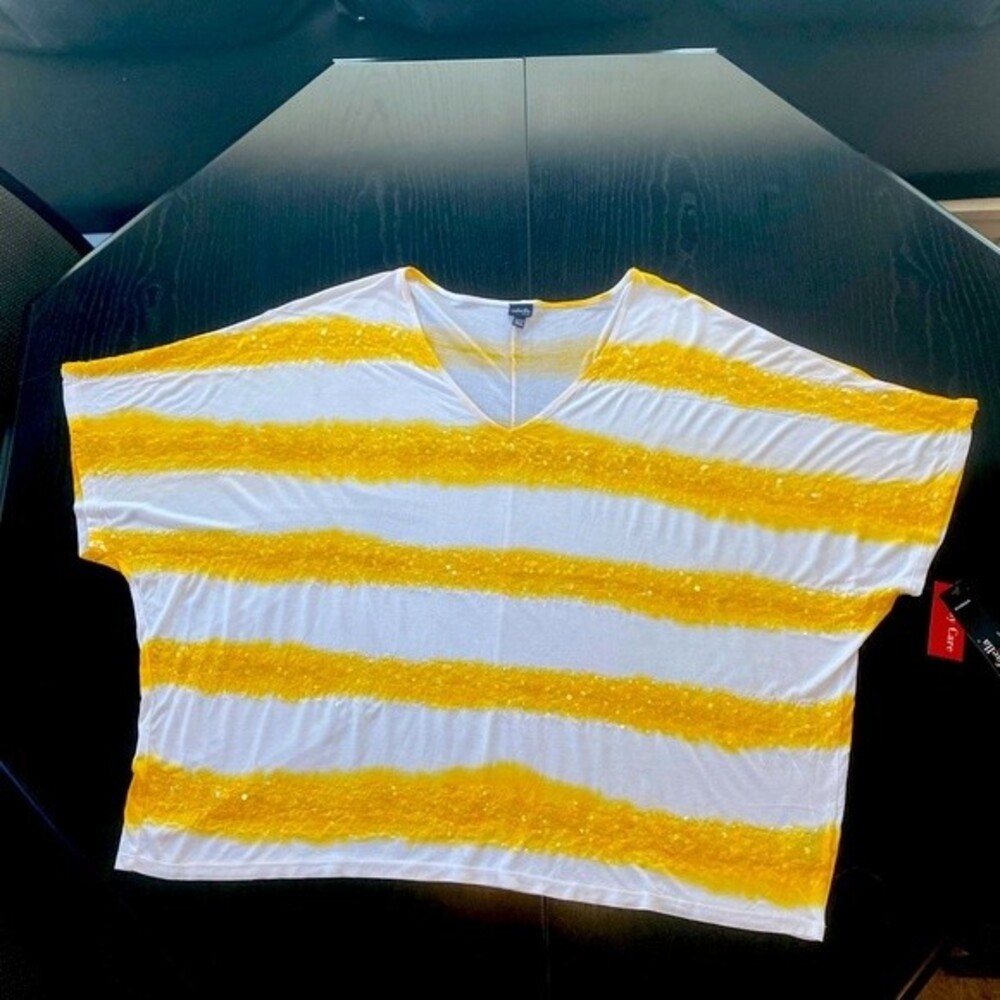 NWT Rafaella Sequin Lightweight V Neck Yellow White Top Boho Funky Top SZ 3X/3EX